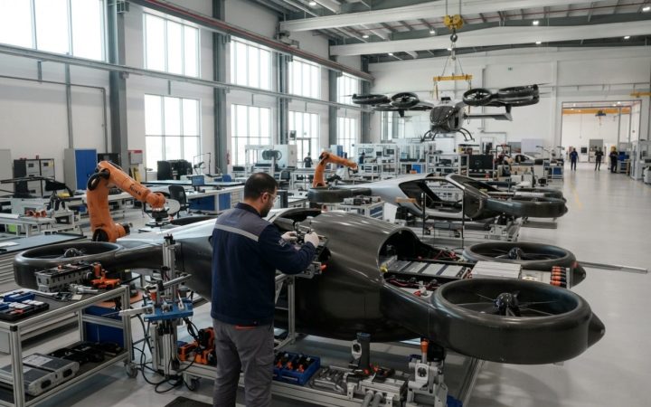 Illustration: A modern advanced manufacturing assembly line producing futuristic electric vertical takeoff and landing aircraft modules in a clean, hi
