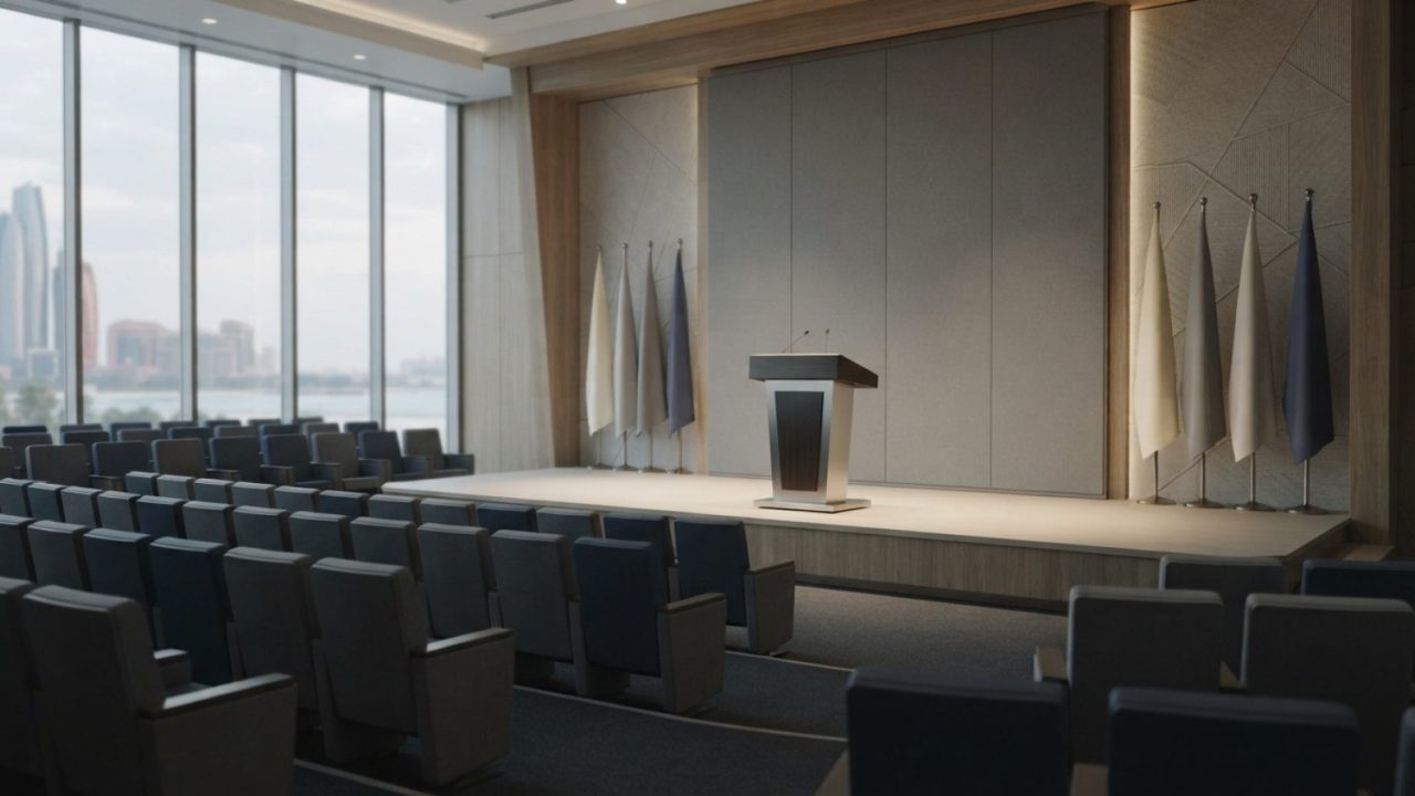Illustration: A modern luxury conference hall and business auditorium interior in Abu Dhabi, stage with sleek podium and neutral lighting, neat rows o
