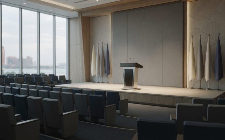 Illustration: A modern luxury conference hall and business auditorium interior in Abu Dhabi, stage with sleek podium and neutral lighting, neat rows o