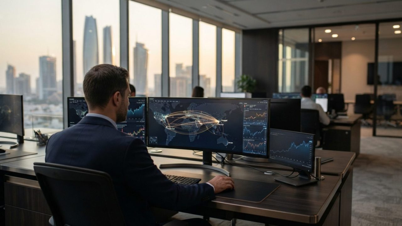 Illustration: Editorial photograph of a modern financial trading desk and digital monitors displaying global payment transfer maps between Shanghai an