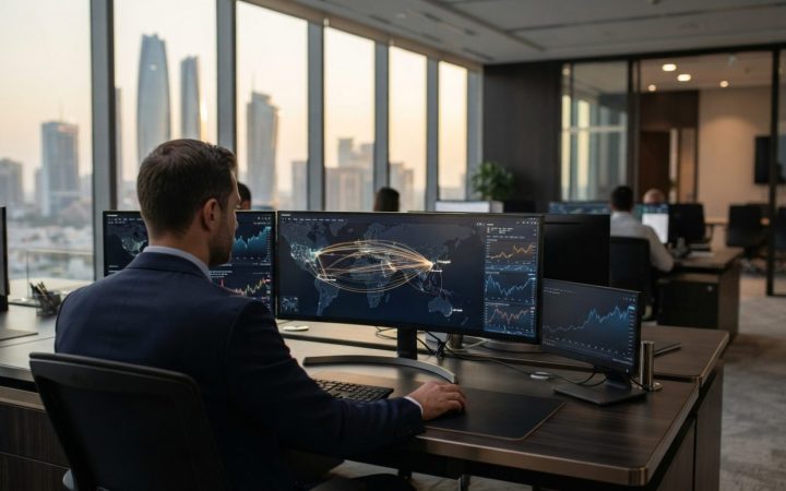 Illustration: Editorial photograph of a modern financial trading desk and digital monitors displaying global payment transfer maps between Shanghai an