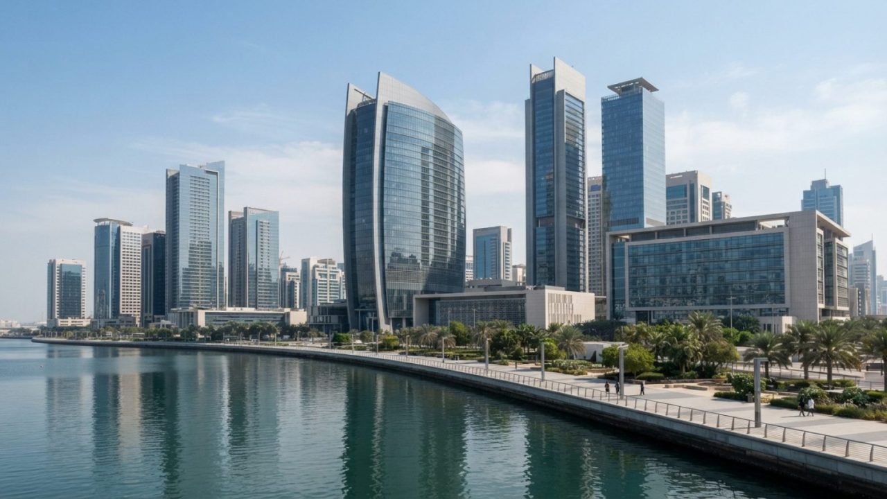 Illustration: Modern financial district with contemporary glass towers and skyscrapers along a tranquil waterfront in Abu Dhabi under bright daylight,