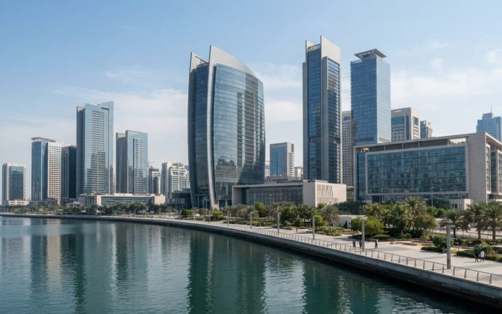 Illustration: Modern financial district with contemporary glass towers and skyscrapers along a tranquil waterfront in Abu Dhabi under bright daylight,
