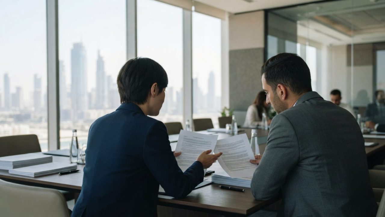 Illustration: A modern corporate office interior in Dubai showing human resources and legal professionals reviewing employment contracts, with large f