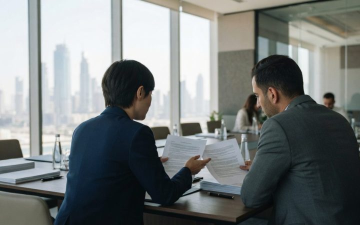 Illustration: A modern corporate office interior in Dubai showing human resources and legal professionals reviewing employment contracts, with large f