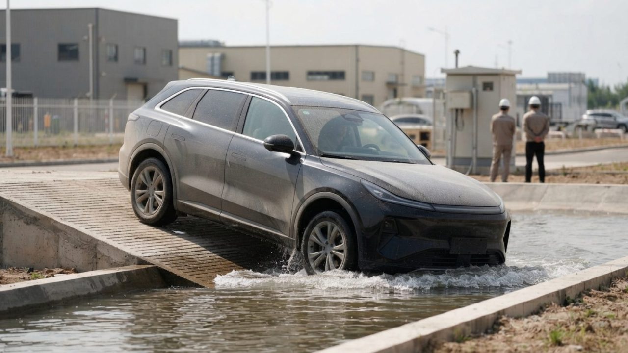 Illustration: A modern electric SUV driving through an outdoor testing facility course with water wading and incline obstacles under daylight, editori