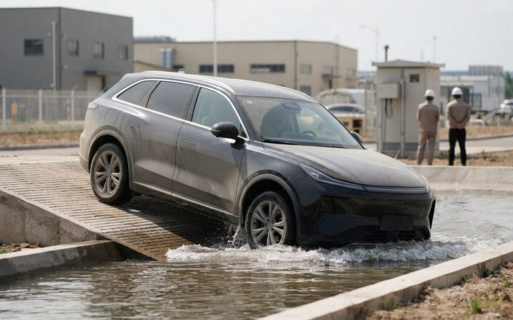 Illustration: A modern electric SUV driving through an outdoor testing facility course with water wading and incline obstacles under daylight, editori