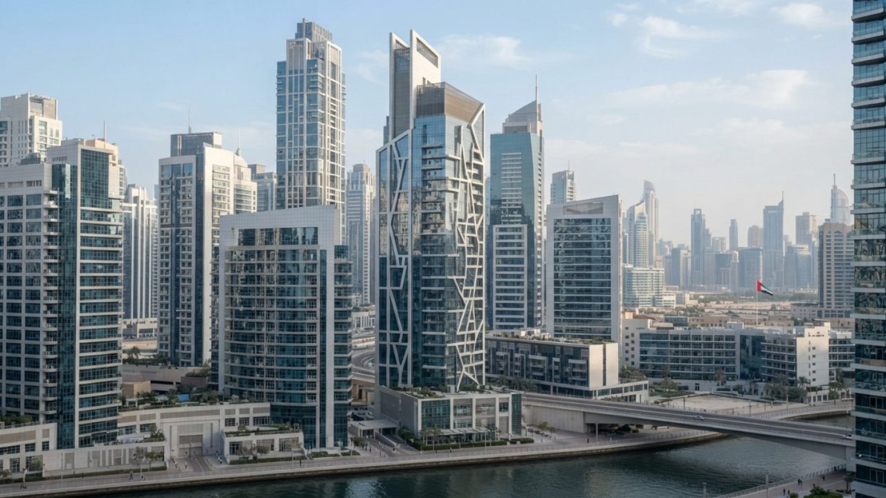 Illustration: Editorial photograph showing modern financial and legal corporate office towers in Dubai's business district under daylight, featuring a