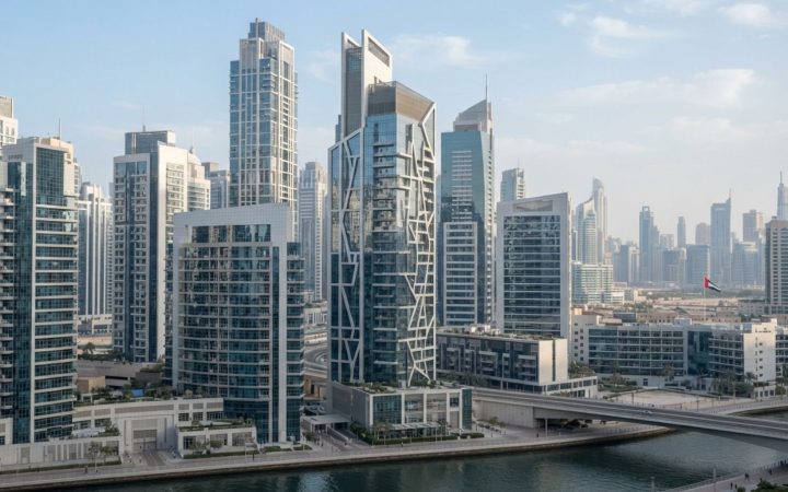 Illustration: Editorial photograph showing modern financial and legal corporate office towers in Dubai's business district under daylight, featuring a