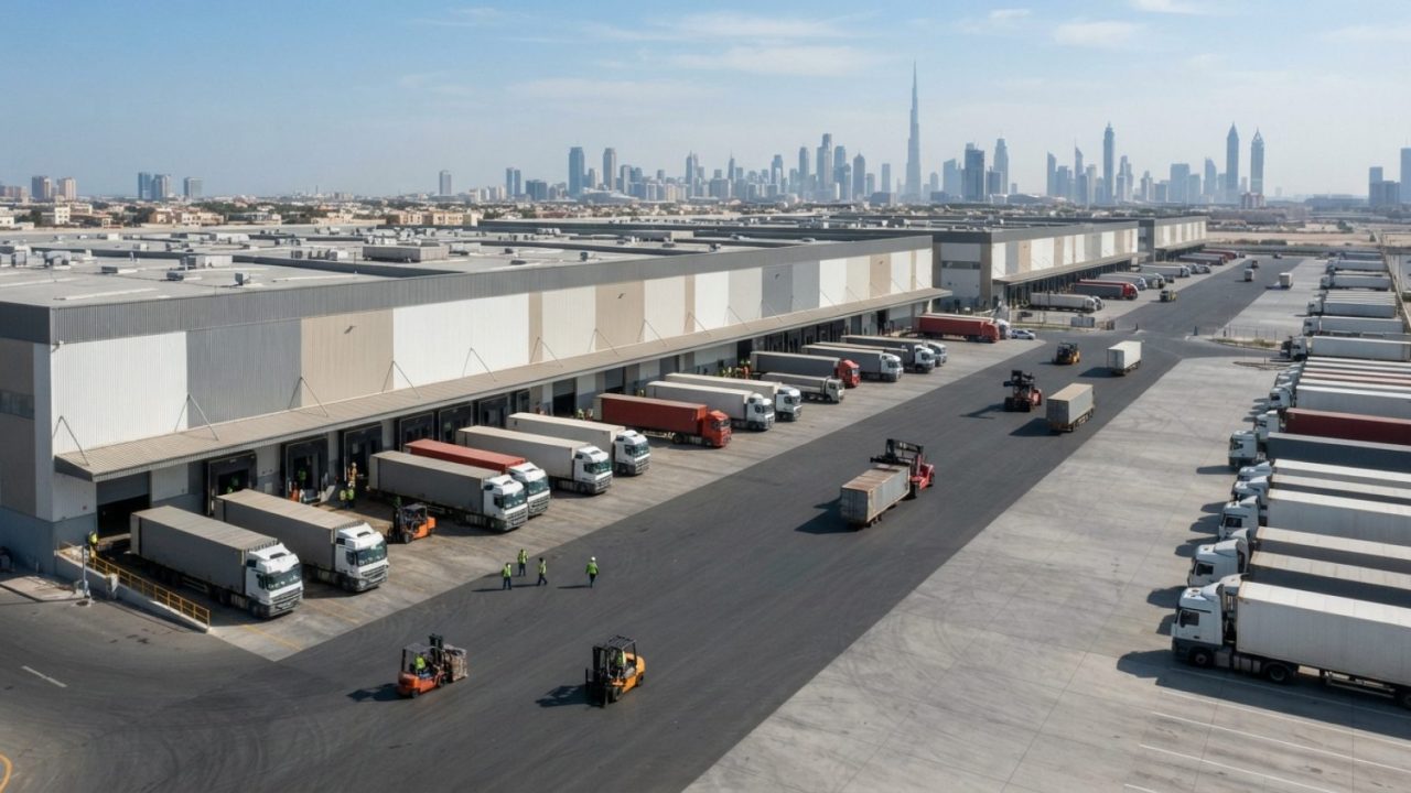 Illustration: A modern wide-angle view of a large logistics and distribution park in Dubai with loading bays, parked freight trucks, and automated war