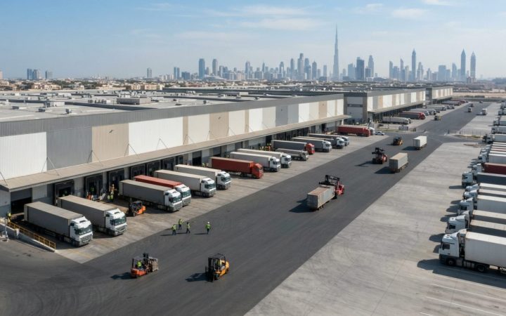 Illustration: A modern wide-angle view of a large logistics and distribution park in Dubai with loading bays, parked freight trucks, and automated war