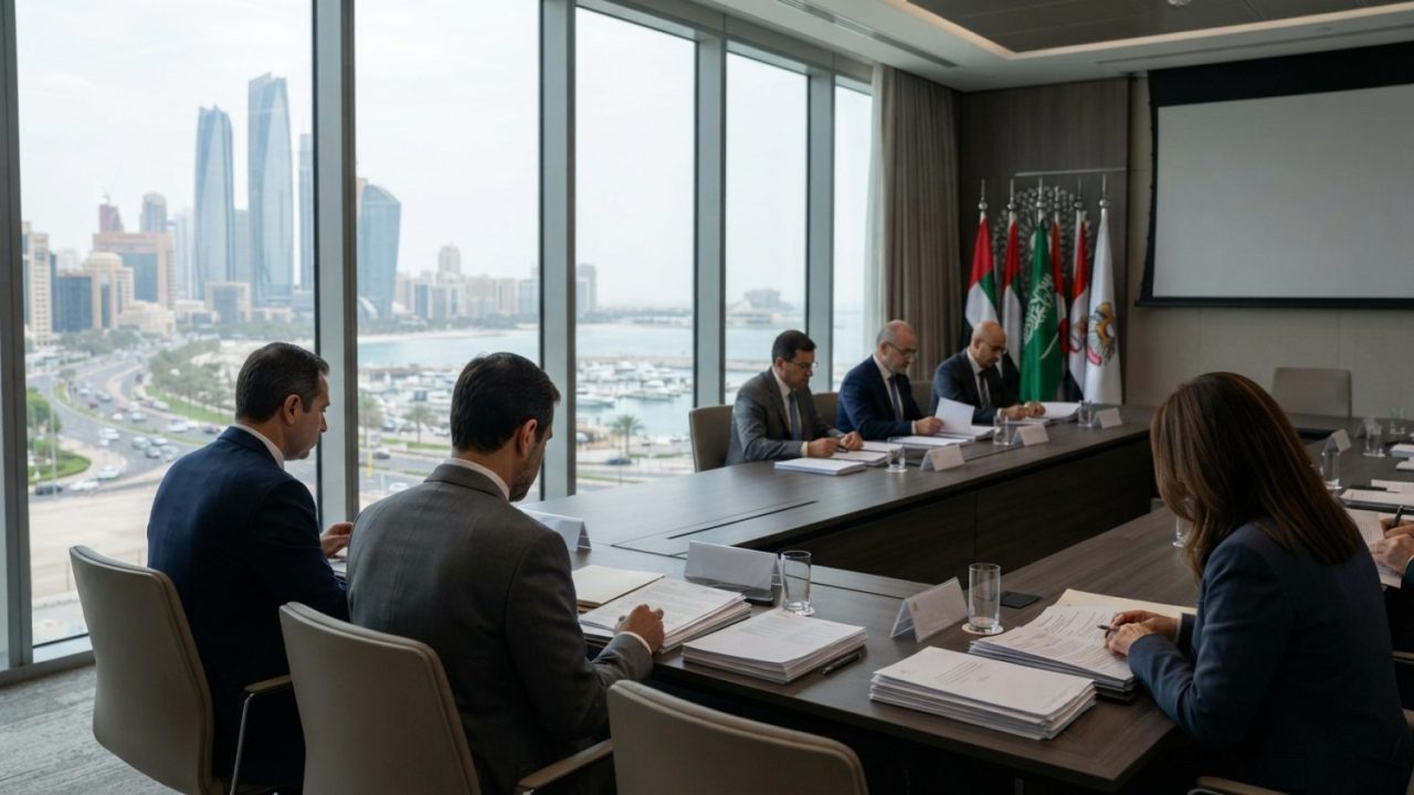 Illustration: A modern international conference room with large glass windows overlooking a coastal city skyline, delegates in business suits seated a