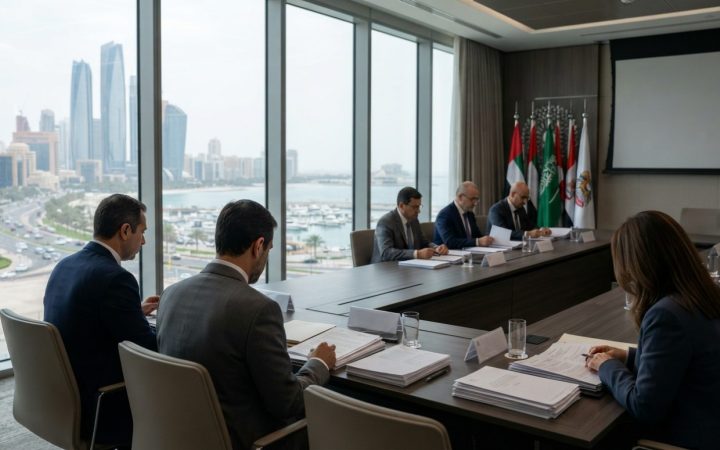 صورة توضيحية: قاعة مؤتمرات دولية حديثة ذات نوافذ زجاجية كبيرة تطل على أفق مدينة ساحلية، ومندوبون يرتدون بدلات رسمية يجلسون حول