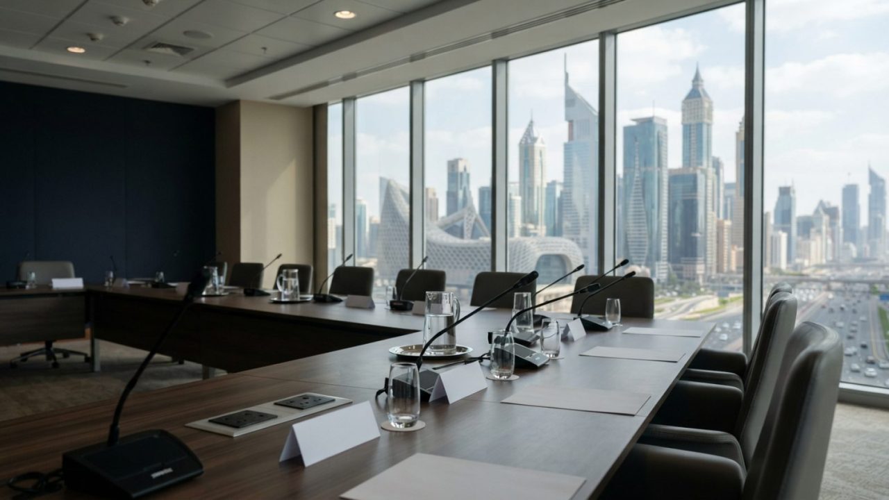 Illustration: A modern, sleek conference boardroom table with microphones and water glasses in a high-rise financial district tower overlooking city s