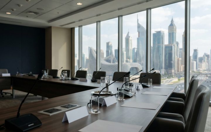 Illustration: A modern, sleek conference boardroom table with microphones and water glasses in a high-rise financial district tower overlooking city s