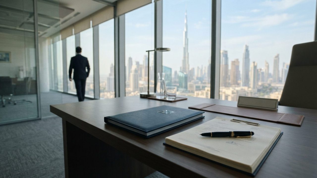 Illustration: A modern legal office desk in a Dubai high-rise overlooking the city skyline, featuring an official folder, legal documentation papers,