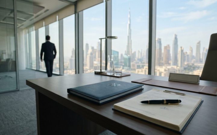Illustration: A modern legal office desk in a Dubai high-rise overlooking the city skyline, featuring an official folder, legal documentation papers,