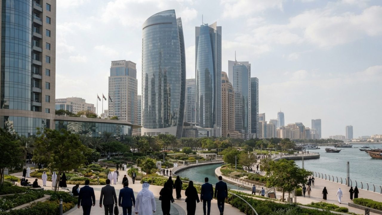 Illustration: Modern financial district in the Gulf region with contemporary glass high-rise towers reflecting green park landscaping below, represent