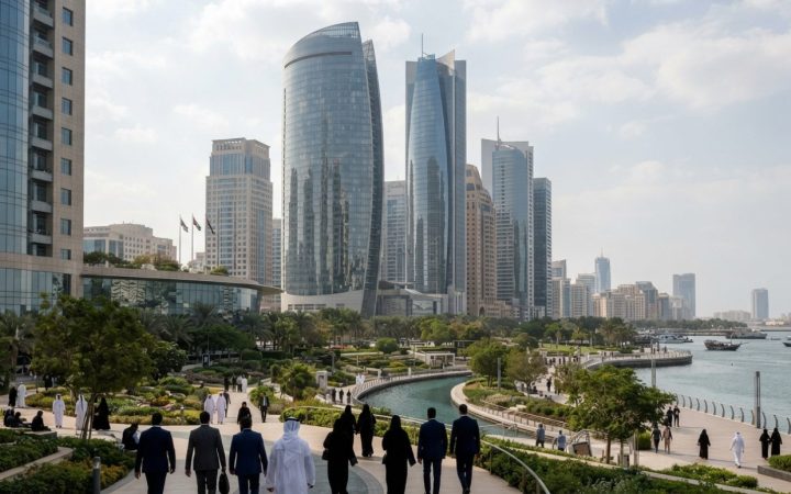 Illustration: Modern financial district in the Gulf region with contemporary glass high-rise towers reflecting green park landscaping below, represent