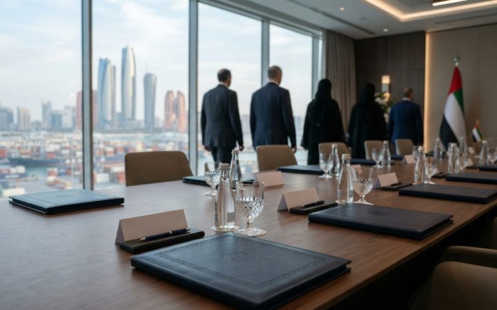 Illustration: A modern diplomatic conference table setting in a high-rise office overlooking a Gulf seaport and financial skyline, with formal folders