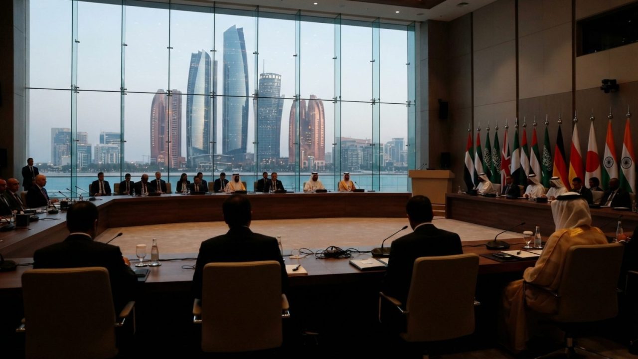 Illustration: A modern diplomatic conference room with international flags and conference tables, overlooking an urban commercial skyline in the Middl