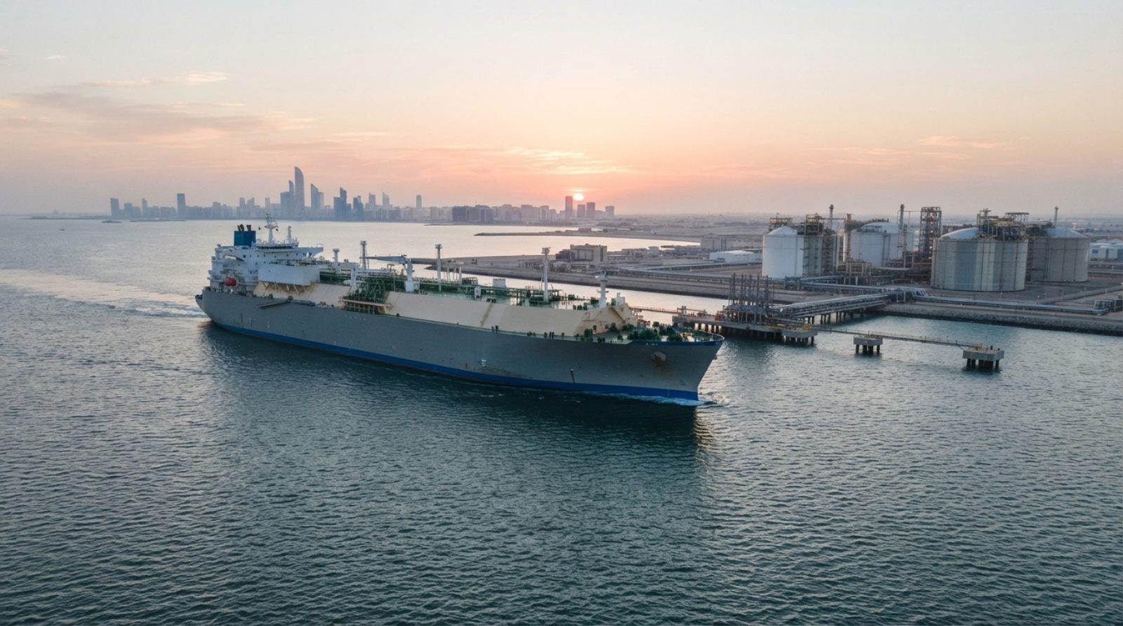 Illustration: A commercial LNG carrier vessel sailing at sea toward a coastal gas export terminal with storage tanks and pipeline infrastructure at su