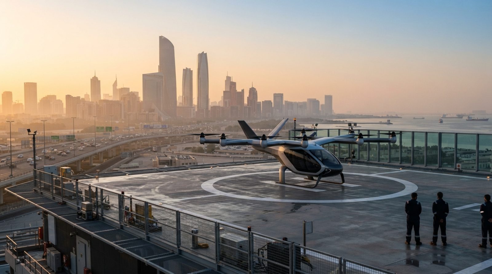Illustration: Editorial news photograph of an electric vertical takeoff and landing passenger air taxi stationed on an elevated urban vertiport landin