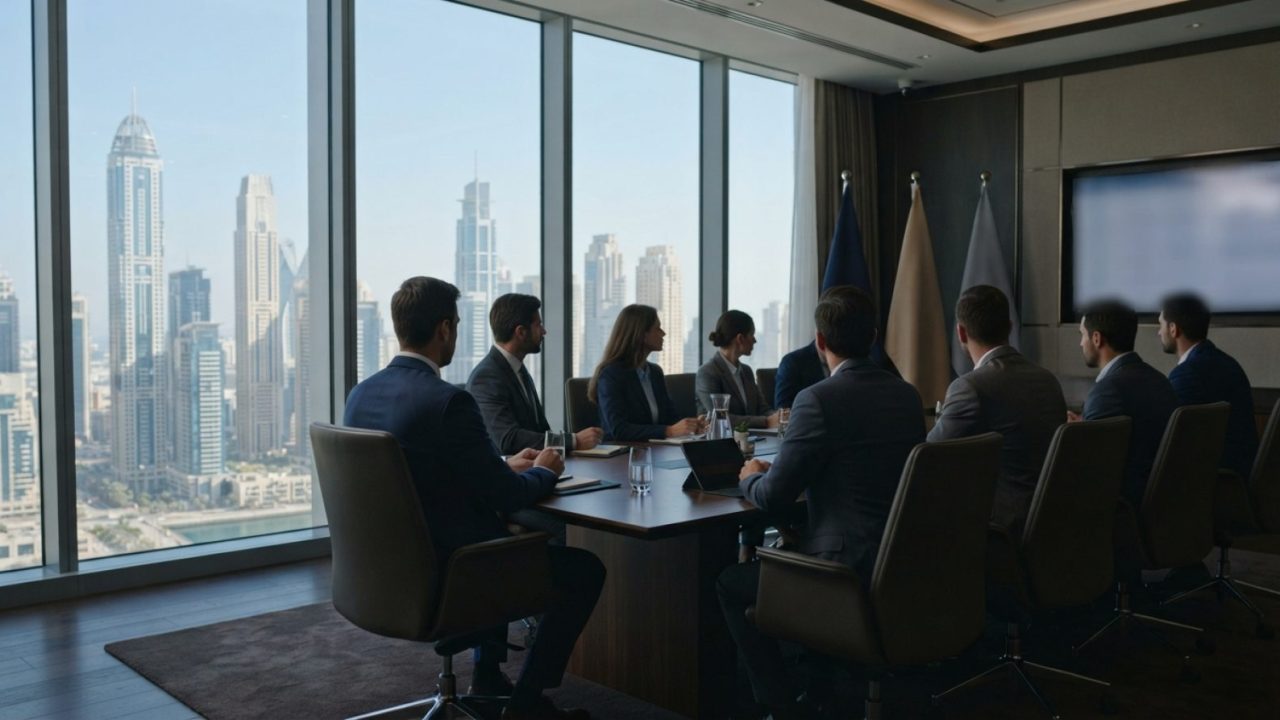Illustration: A modern luxury family office and wealth advisory boardroom in Dubai with floor-to-ceiling glass windows overlooking modern financial to