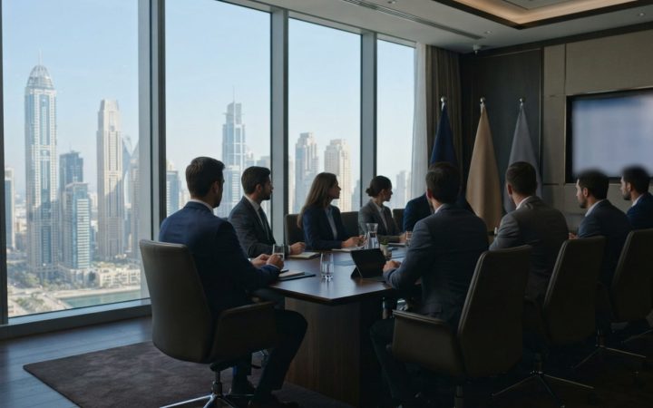 Illustration: A modern luxury family office and wealth advisory boardroom in Dubai with floor-to-ceiling glass windows overlooking modern financial to