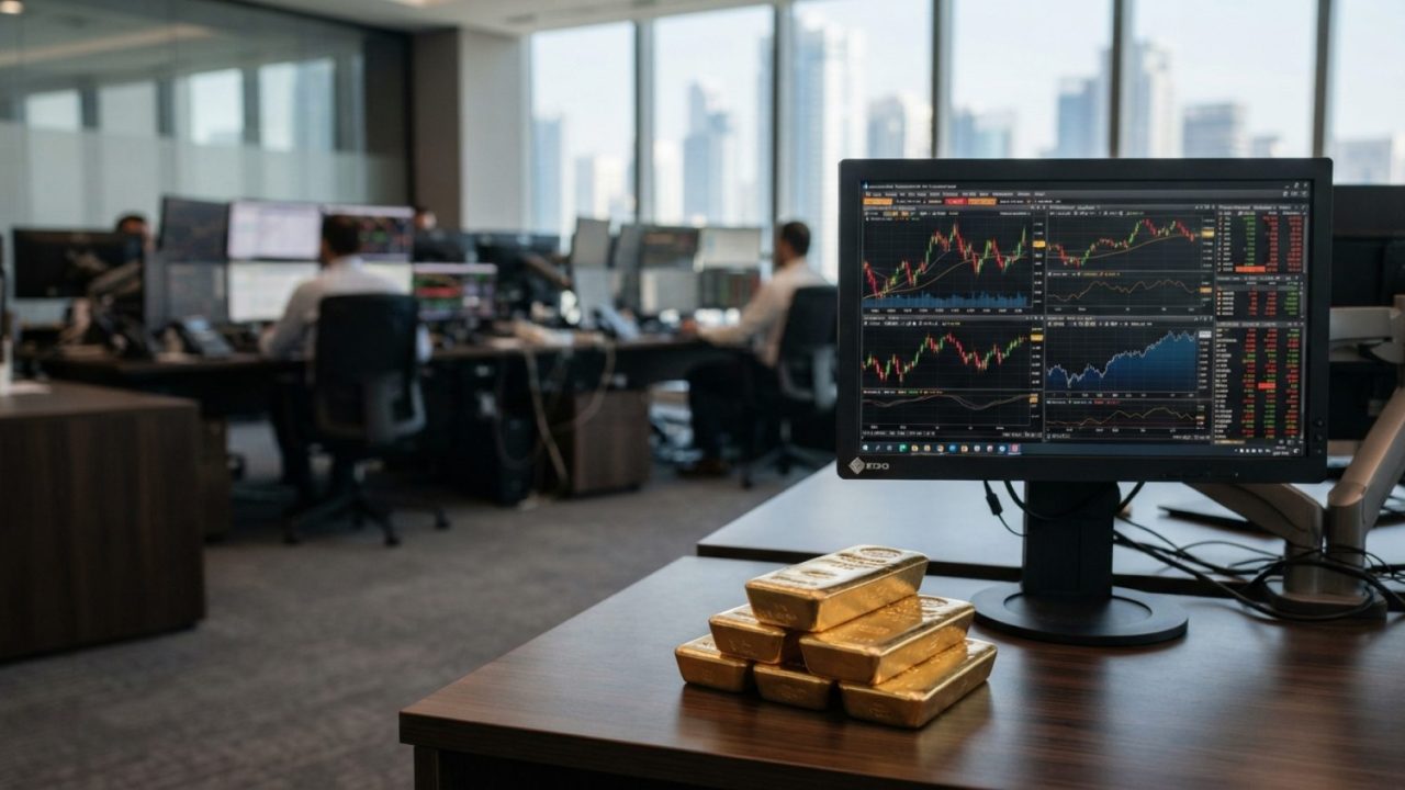 Illustration: Polished gold bullion bars stacked neatly beside an electronic financial market monitor displaying commodity price graphs and energy exc