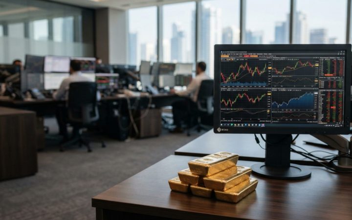 插图：整齐叠放的光泽金条，旁边的电子金融市场显示屏上呈现着大宗商品价格走势图与能源交易行情