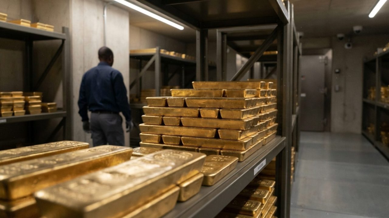 Illustration: Editorial news photo of pure gold bullion bars stacked neatly inside a secure modern vault with subtle atmospheric lighting, symbolizing