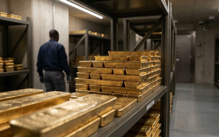 Illustration: Editorial news photo of pure gold bullion bars stacked neatly inside a secure modern vault with subtle atmospheric lighting, symbolizing