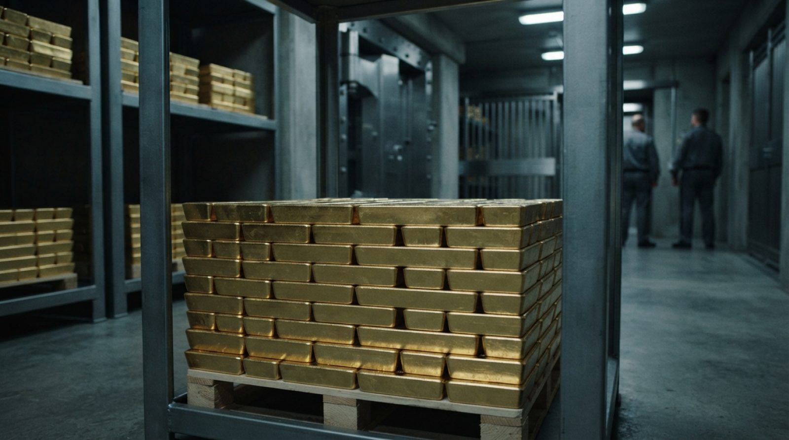 Illustration: Polished physical gold bullion bars arranged inside a secure modern banking vault with subtle reflection and cool lighting, representing