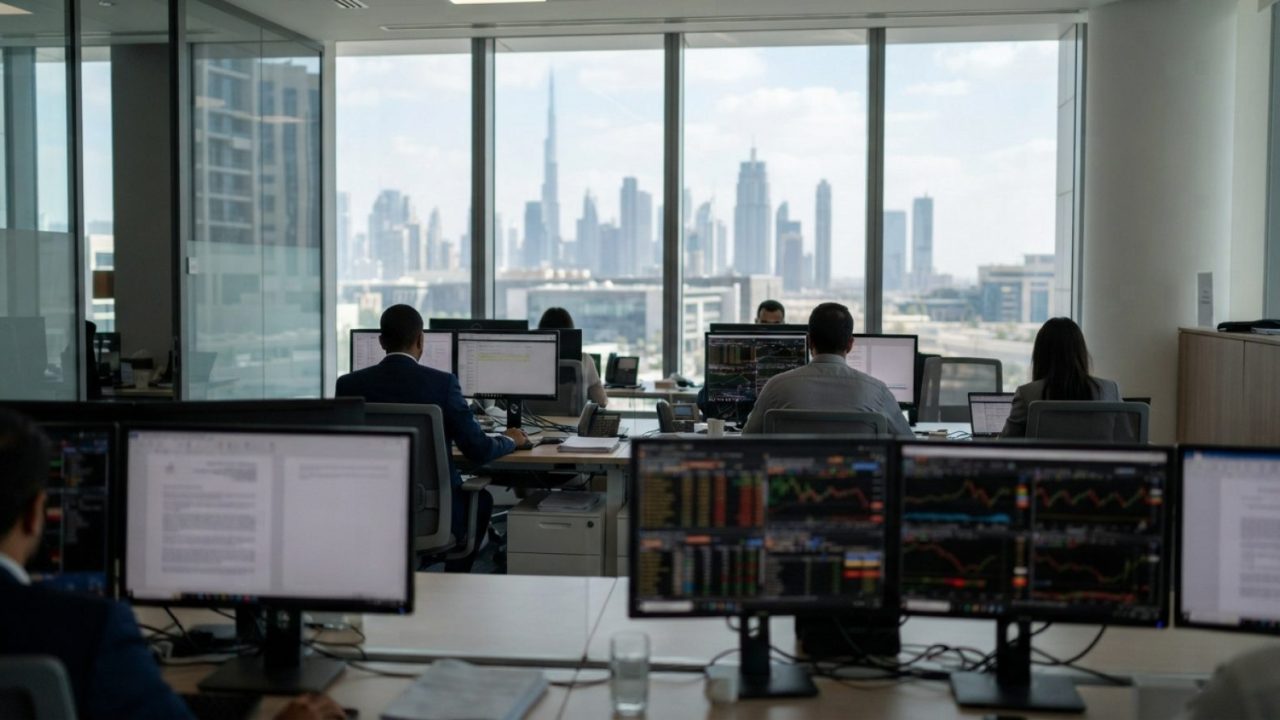 Illustration: Editorial photograph of modern office workspaces in Dubai International Financial Centre with monitors displaying financial market inter