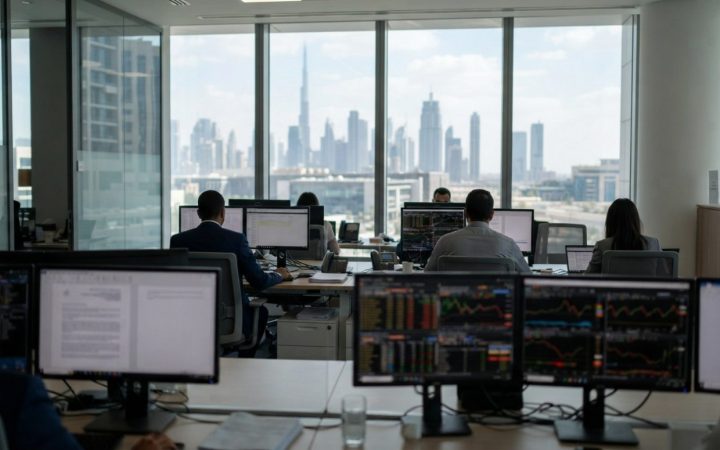 Illustration: Editorial photograph of modern office workspaces in Dubai International Financial Centre with monitors displaying financial market inter