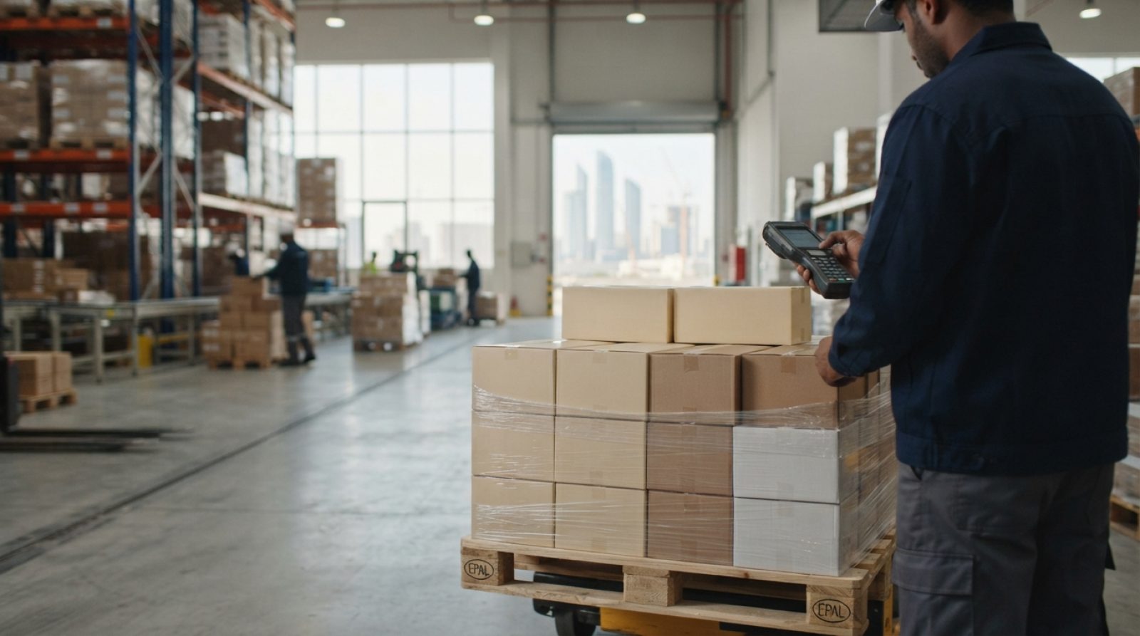 Illustration: A modern, high-tech distribution warehouse in the UAE with neatly stacked food packages and scanning technology on pallets, natural ligh