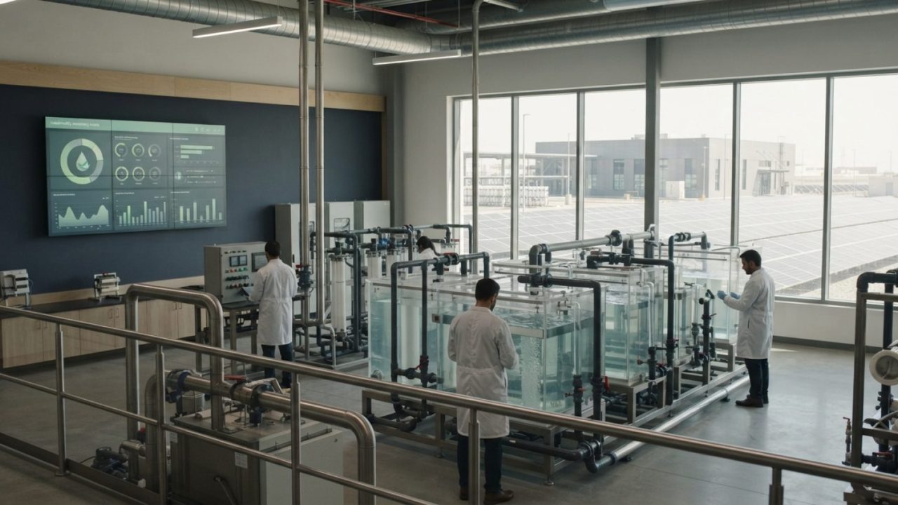 Illustration: A modern water management facility and research laboratory with clear water filtration tanks, green sustainability monitoring displays,