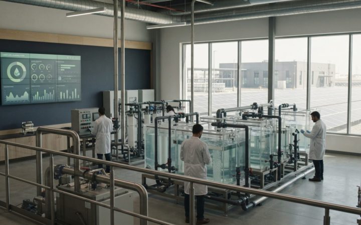 Illustration: A modern water management facility and research laboratory with clear water filtration tanks, green sustainability monitoring displays,