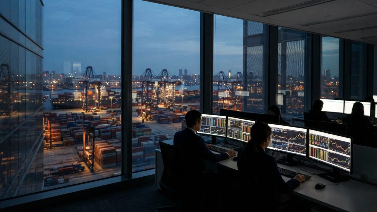 Illustration: A modern commercial banking operations office overlooking a bustling international container shipping terminal at dusk, with digital fin