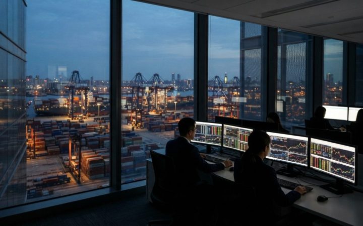 Illustration: A modern commercial banking operations office overlooking a bustling international container shipping terminal at dusk, with digital fin