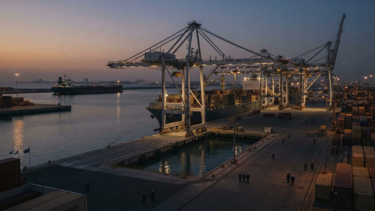Illustration: Editorial photograph showing a container and oil tanker port terminal in the Persian Gulf at twilight, featuring massive cranes and carg