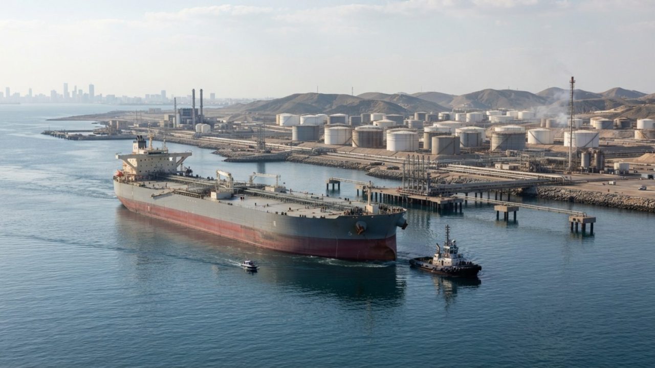 Illustration: A large crude oil tanker navigating near an industrial coastal oil terminal with storage tanks and pipeline infrastructure under clear d