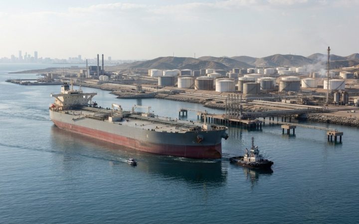 Illustration: A large crude oil tanker navigating near an industrial coastal oil terminal with storage tanks and pipeline infrastructure under clear d