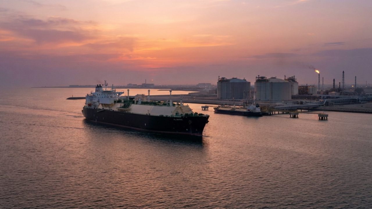Illustration: A large commercial liquefied natural gas tanker vessel navigating through open waters approaching an industrial energy terminal with sto