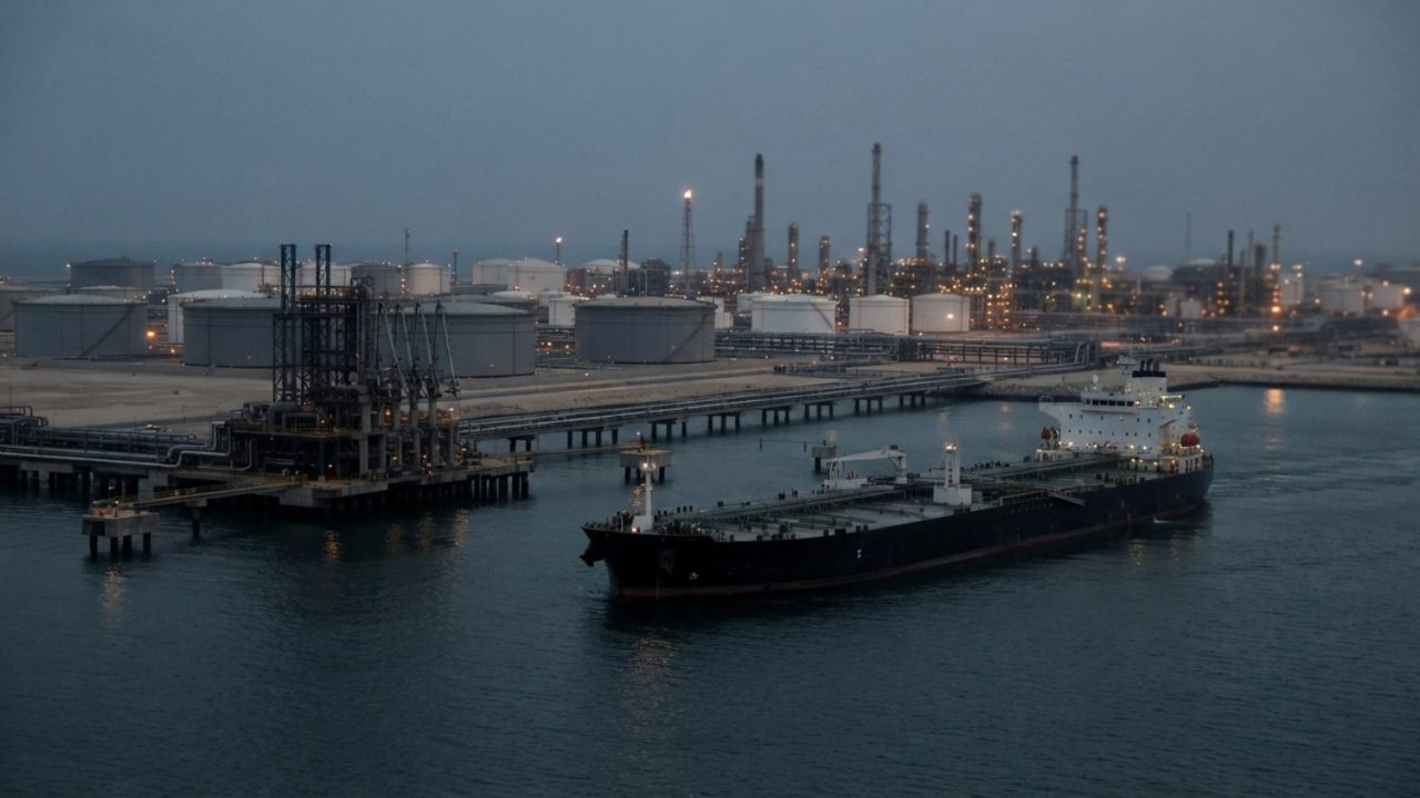 Illustration: A large crude oil tanker navigating near an offshore oil terminal with refinery storage tanks and industrial pipelines in the background