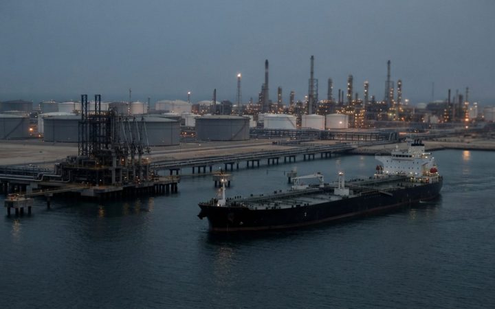 Illustration: A large crude oil tanker navigating near an offshore oil terminal with refinery storage tanks and industrial pipelines in the background