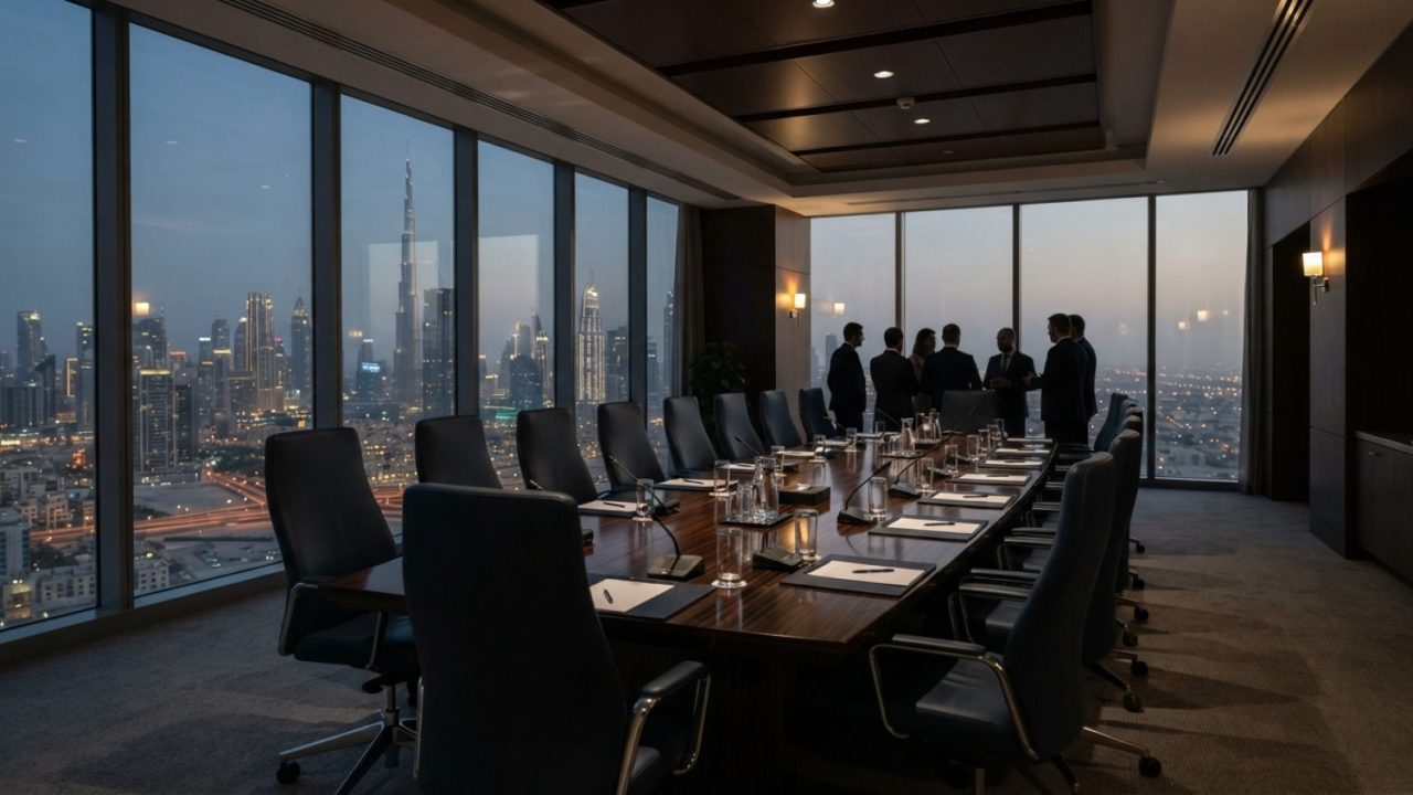 Illustration: A modern executive boardroom inside a high-rise office building overlooking the urban skyline of Dubai at dusk, featuring a long polishe
