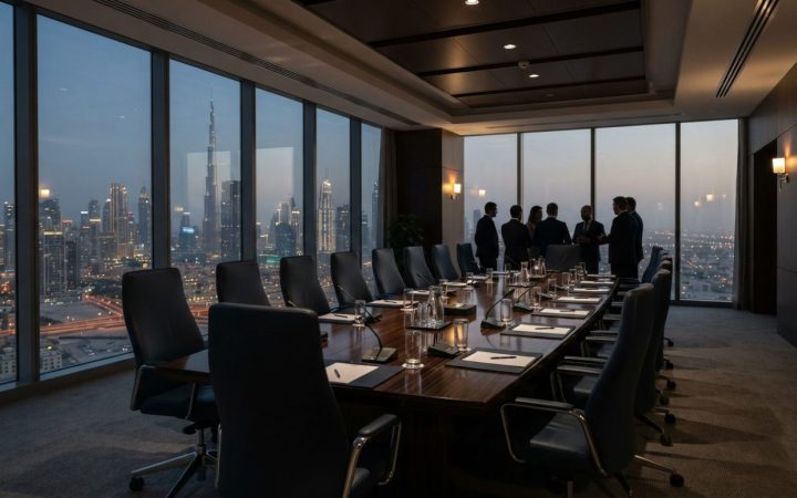 Illustration: A modern executive boardroom inside a high-rise office building overlooking the urban skyline of Dubai at dusk, featuring a long polishe
