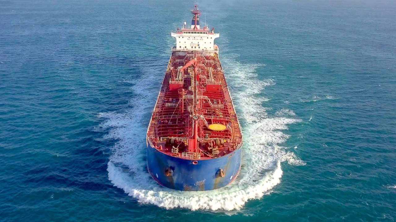 Aerial view of a large oil tanker navigating open ocean waters
